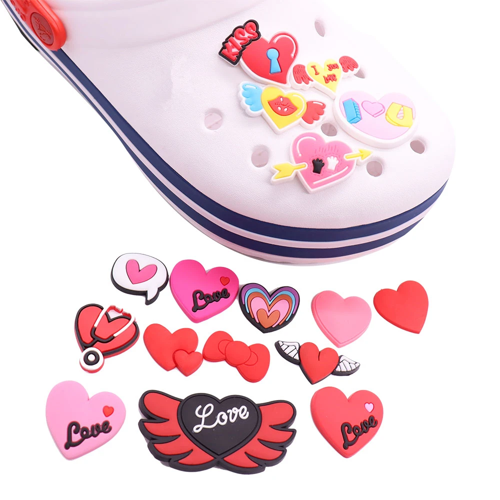 1-16Pcs Red Heart I Love You Kiss Shoes Buckle Charms Adult Fashion Decorations DIY Kids Party Present