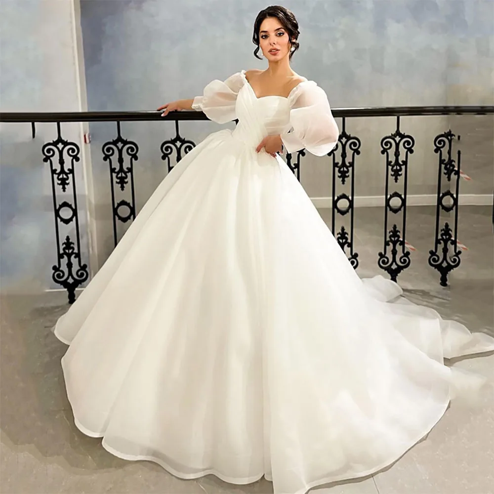 White Wedding Dresses Simple Puff Sleeves A-Line Sweetheart Wedding Gowns Cutom Made To Measures Organza Robe De Mariee Princes