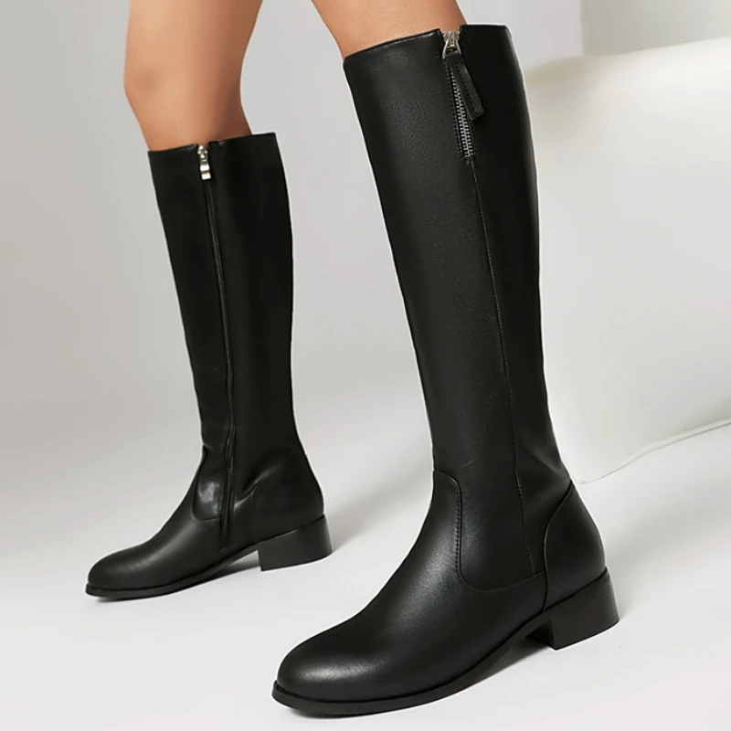 

Сапоги до колена на молнии, осенне-зимняя обувь, женские высокие сапоги, элегантные черные длинные туфли на низком каблуке, женские большие размеры 48, удобные