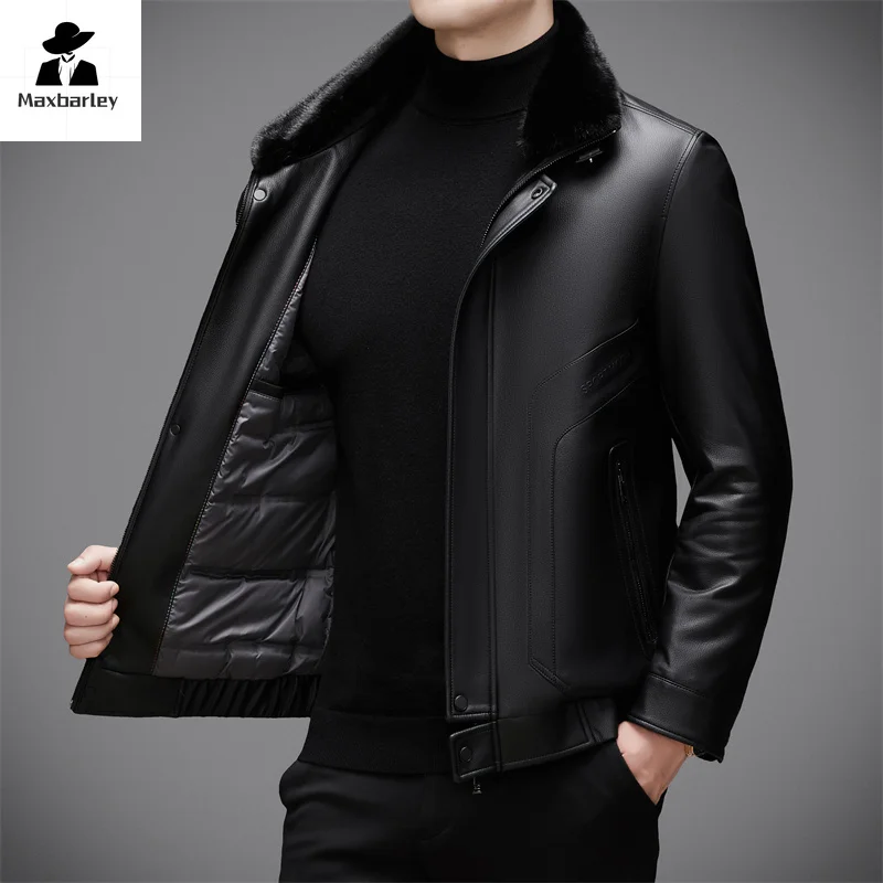 Down Jacket Men's Luxury Leather Jacket Winter High-end Fashion Slim-fit Thickened Detachable Fur PU Leather Coat Male 2024 New