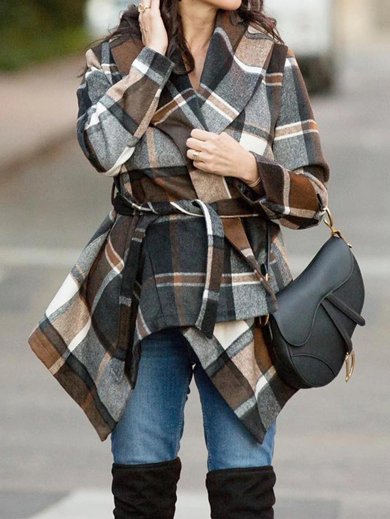 

Women's Winter Fashion Plaid Coat Elegant Lapel Long Sleeve Comfortable Street Daily Outerwear
