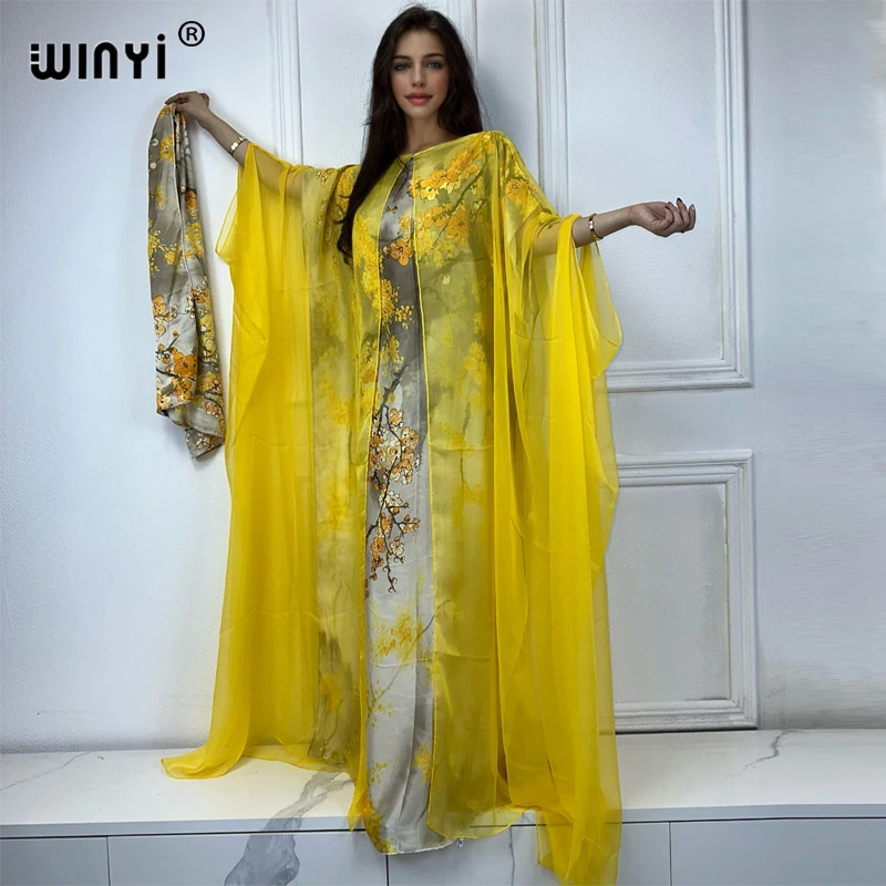 Winyi Sommer Doppels chicht gedruckt Party kleid Frauen drucken weibliche Kaftan Abaya Dubai Luxus Maxi lange Daunen kleid mit Gürtel