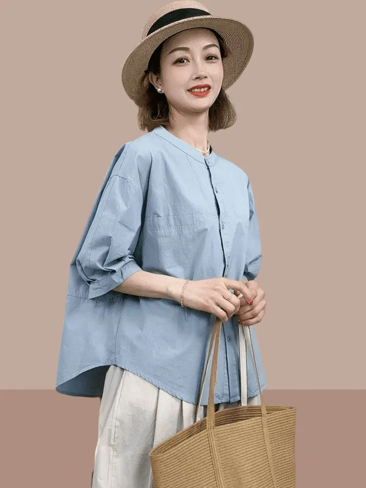 

Корейская простая повседневная женская блузка, летняя новинка, свободного кроя, приталенная, с круглым вырезом, с коротким рукавом, модная повседневная блузка