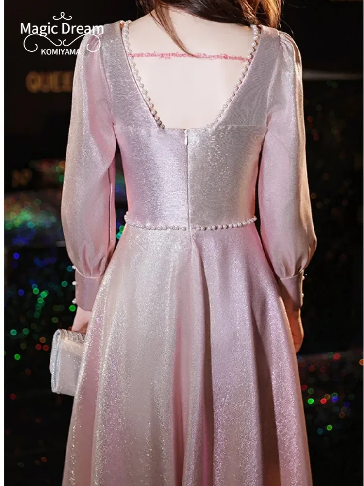 Beading Design Square Collar Wedding Party Vestidos Slim Long Sleeve Temperament Prom Dresses Simple Elegant Robe Evening Dress