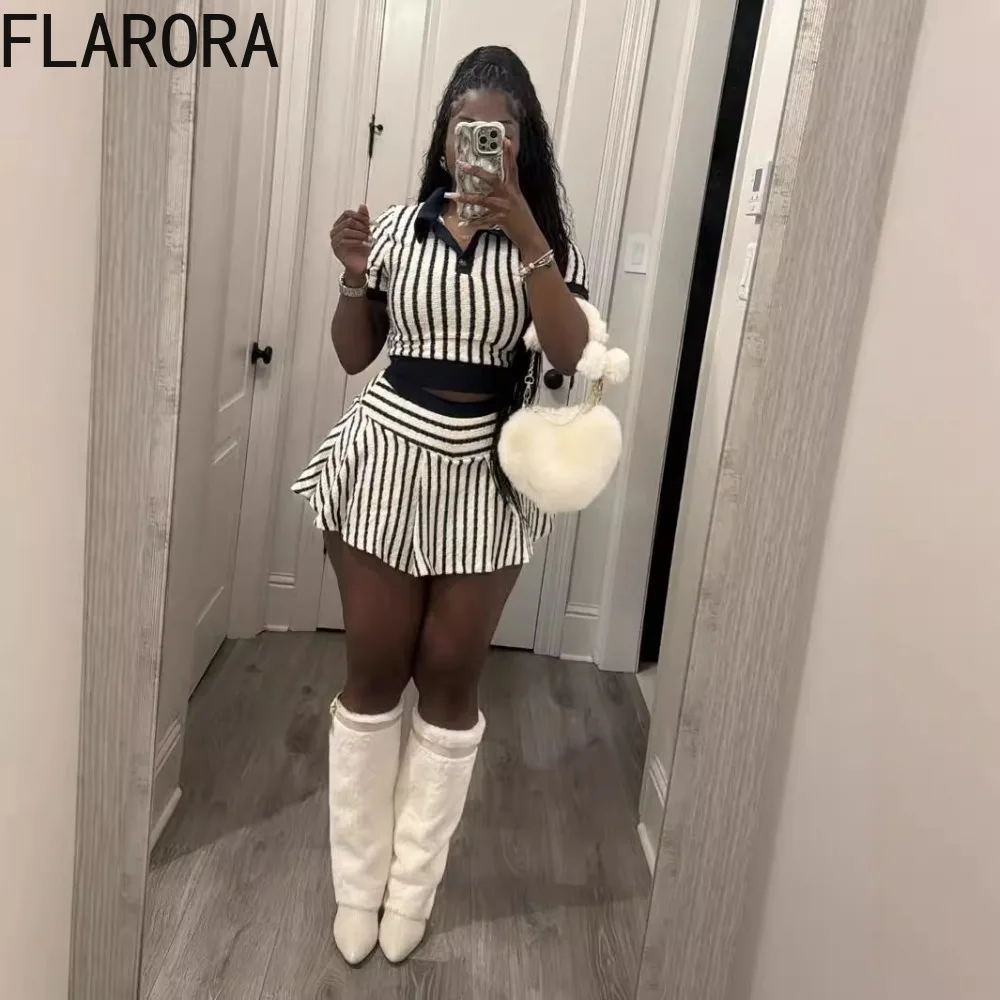 FLARORA Fashion Stripe Mini Skirts Two Piece Sets Woman Turndown Collar Short Sleeve Crop Tops And Pleated Skirt Suits 2024 New