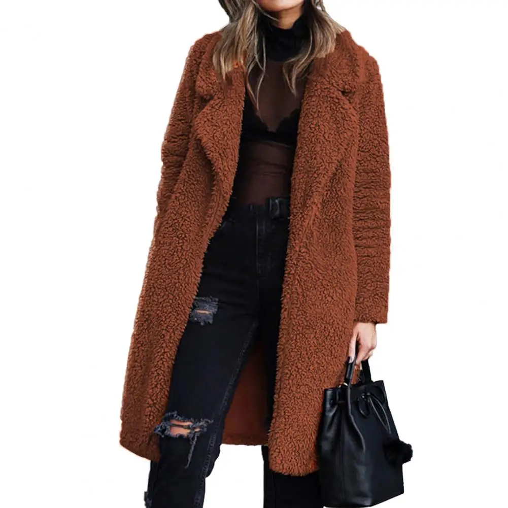 

Long Sleeve Outerwear Cozy Double-sided Fleece Winter Women's Jacket with Turn-down Collar for Outdoor Daily Wear Knee Length