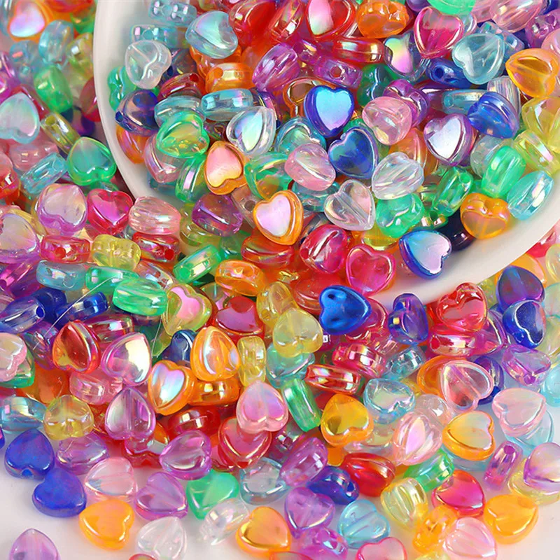 50/100Pcs 9mm Iridescent Heart Love Acrylic Loose Spacer Beads for Jewelry Making DIY Necklace Bracelet Keychain Accessories
