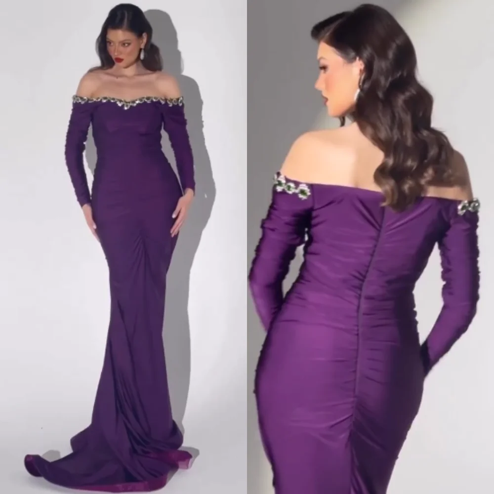 Exquisite High Quality Sparkle Jersey Rhinestone Formal Evening Trumpet Boat Neck Bespoke Occasion Gown Long Dresses