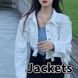 Denim Cropped Jackets Women Ripped Aesthetic Vintage Solid Streetwear Harajuku All-match Clothing Fashion Temper Ulzzang Lady