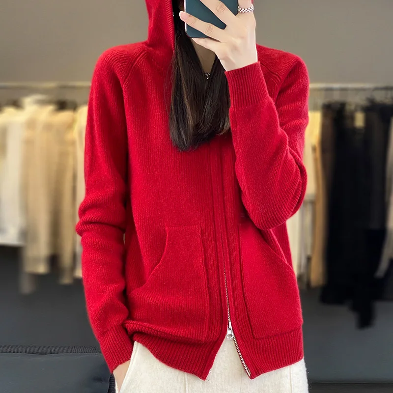 Autumn and winter 100% pure wool hooded loose cardigan sweater solid color long sleeve casual new knitted cashmere sweater