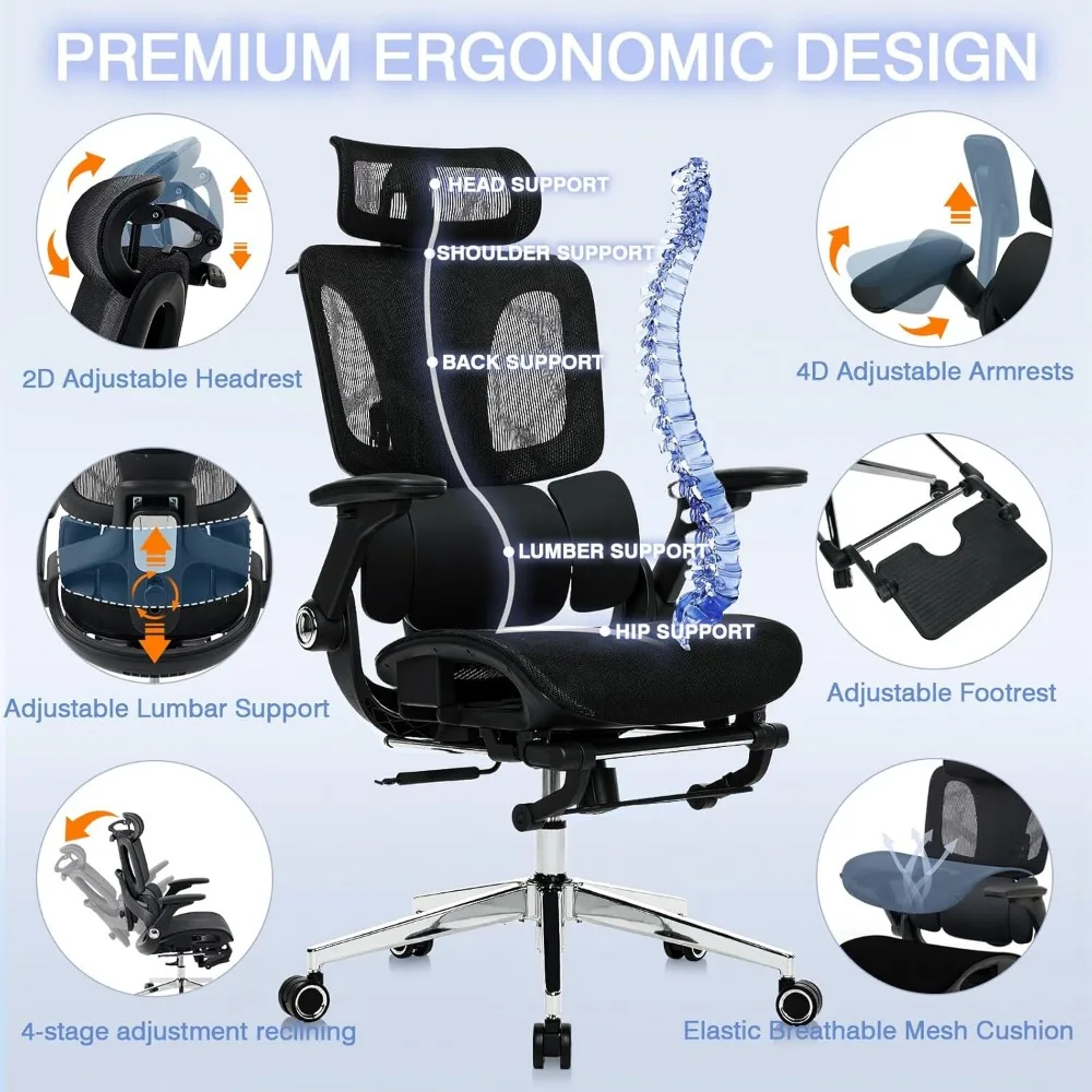 كرسي مكتب شبكي مريح مع مساند للذراعين 4D، كرسي مكتب عالي الظهر كراسي ألعاب الكمبيوتر مع مسند للقدمين، دينام 3 مناطق قابل للتعديل #5