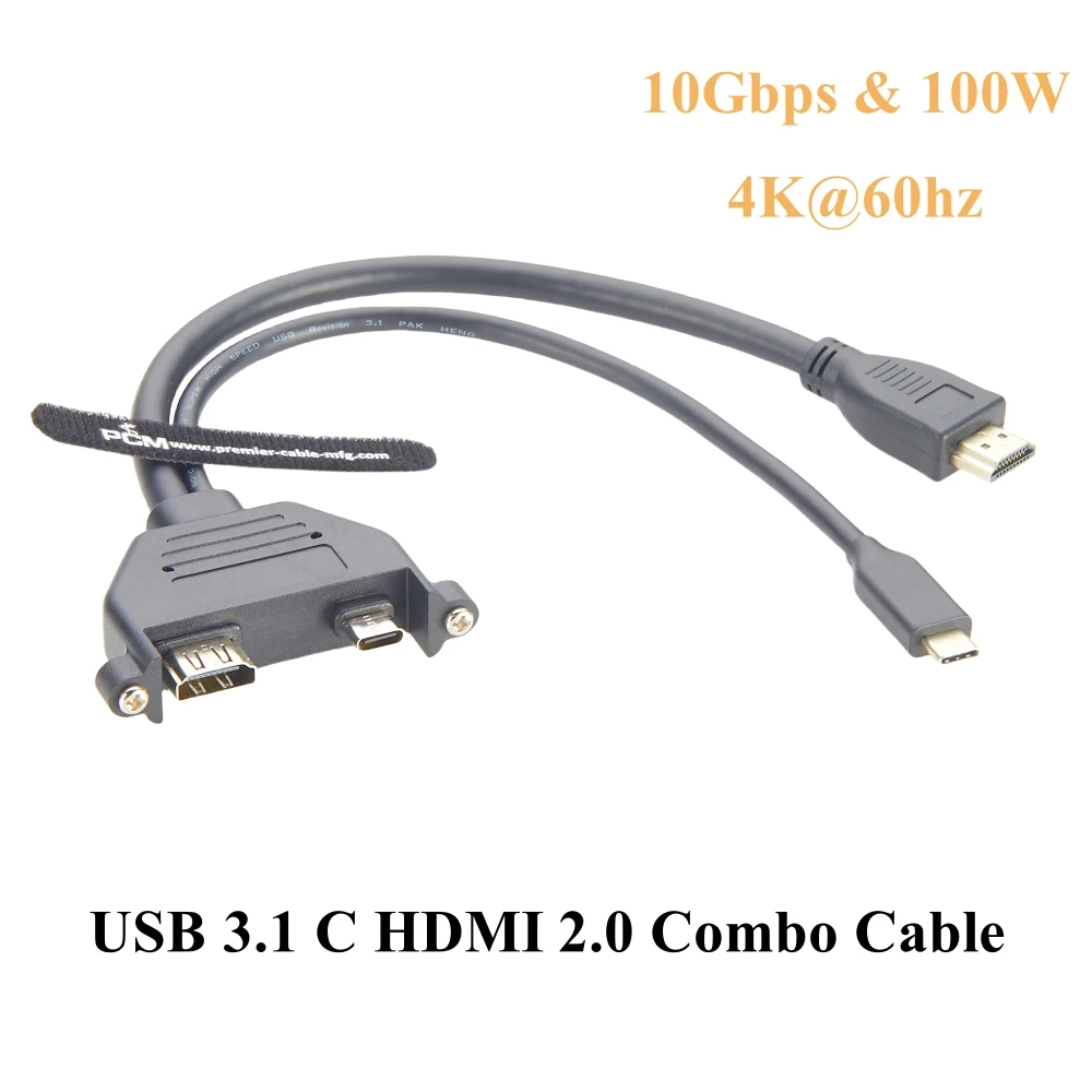 Dual Ports USB 3.1 C HDMI 2.0 Combo Extension Cable 10Gbps 4K@60hz Male to Female Screw Panel Mount for PC Dashboard