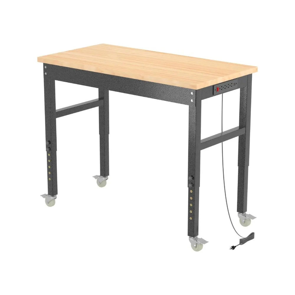 Height Adjustable Workbench Rubber Wood Top Heavy-Duty Workstation,3000 LBS Load Capacity 48