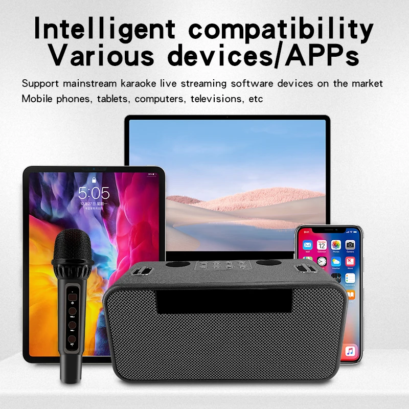 مكبرات صوت كاريوكي خارجية محمولة لاسلكية مزدوجة الميكروفون الكل في واحد نظام KTV المنزلي مع عرض الأغاني سمّاعات بلوتوث FM