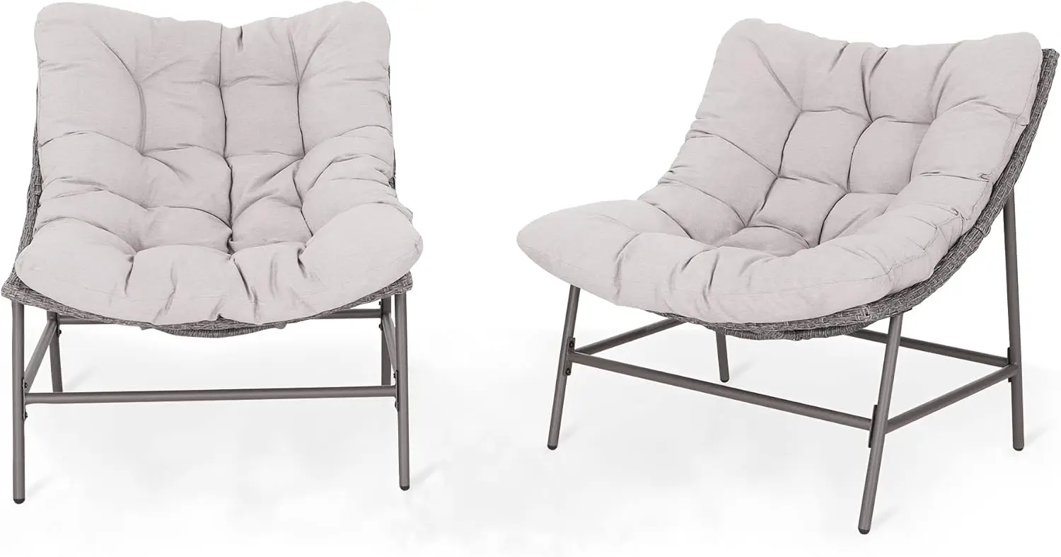 

Outdoor Papasan Chairs Set of 2, Oversized Wicker Scoop Chairs with Cushions & Steel Frame for Patio, Porch, or Balcony