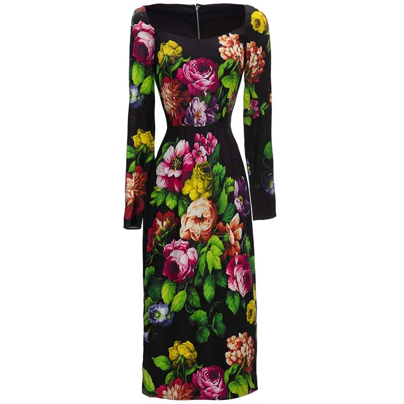 

2023 Fashion Runway Autumn Winter Women Long Sleevele High waist Floral Print Balck Vintage Party Pencil Dresses