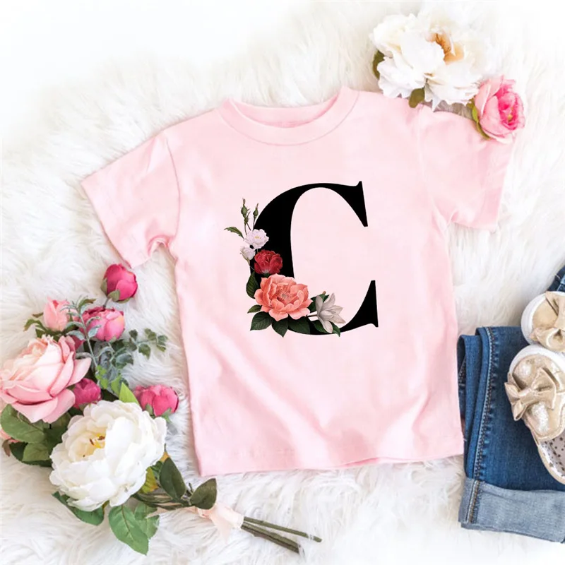 Camiseta infantil preta com letras inglesas, gola redonda, manga curta, rosa, flor, flor, meninos, meninas, 26