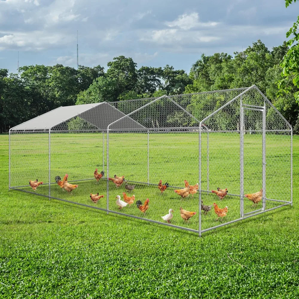 

Metal Chicken Coop Run - Outdoor Large Chicken Coop with Waterproof Cover and Security Lock, Walk-in Poultry Pen