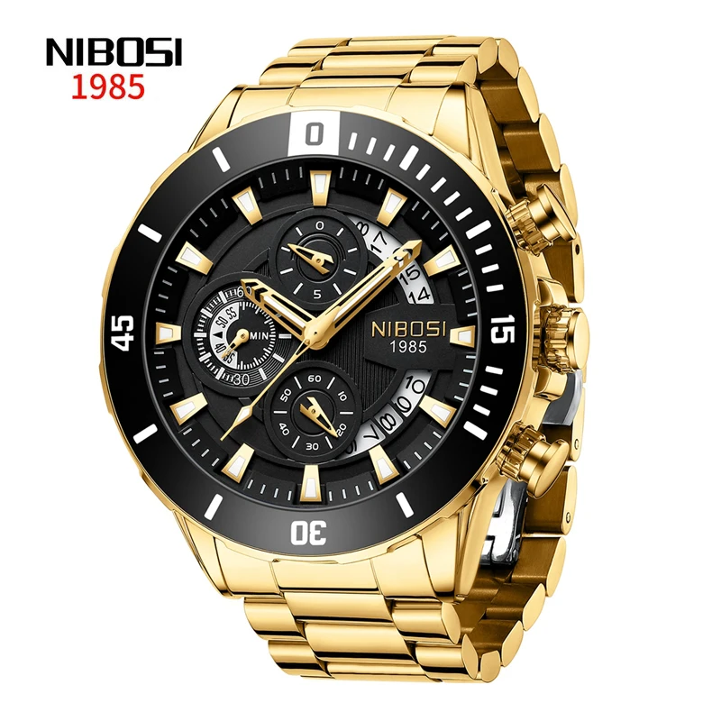 

NIBOSI Brand New Sport Big Dial Chronograph Quartz Watch for Men Stainless Steel Waterproof Luminous Date Luxury Mens Watches