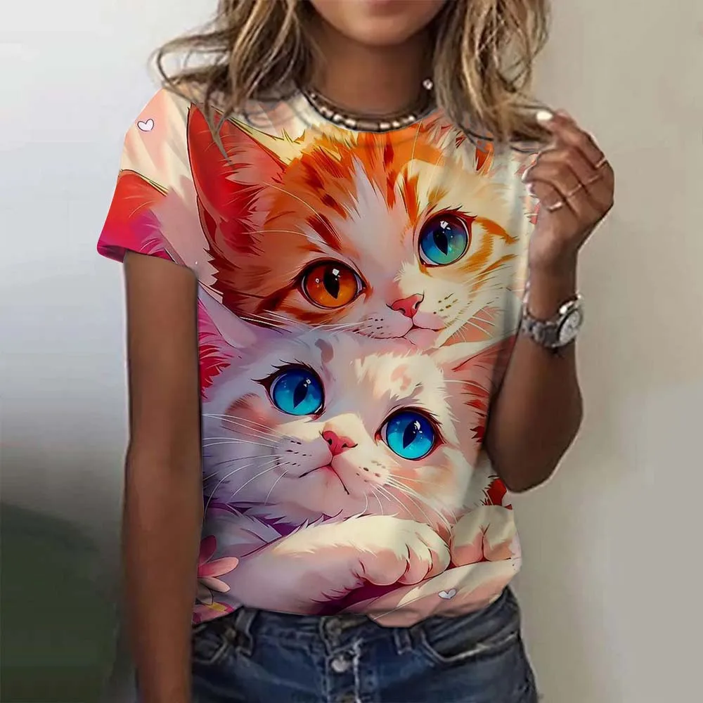 Women's T-shirt for Girls Cute Cat Pattern 3D Print Tops Summer Short Sleeve Casual Fashion Women's Clothes Oversized T-shirts