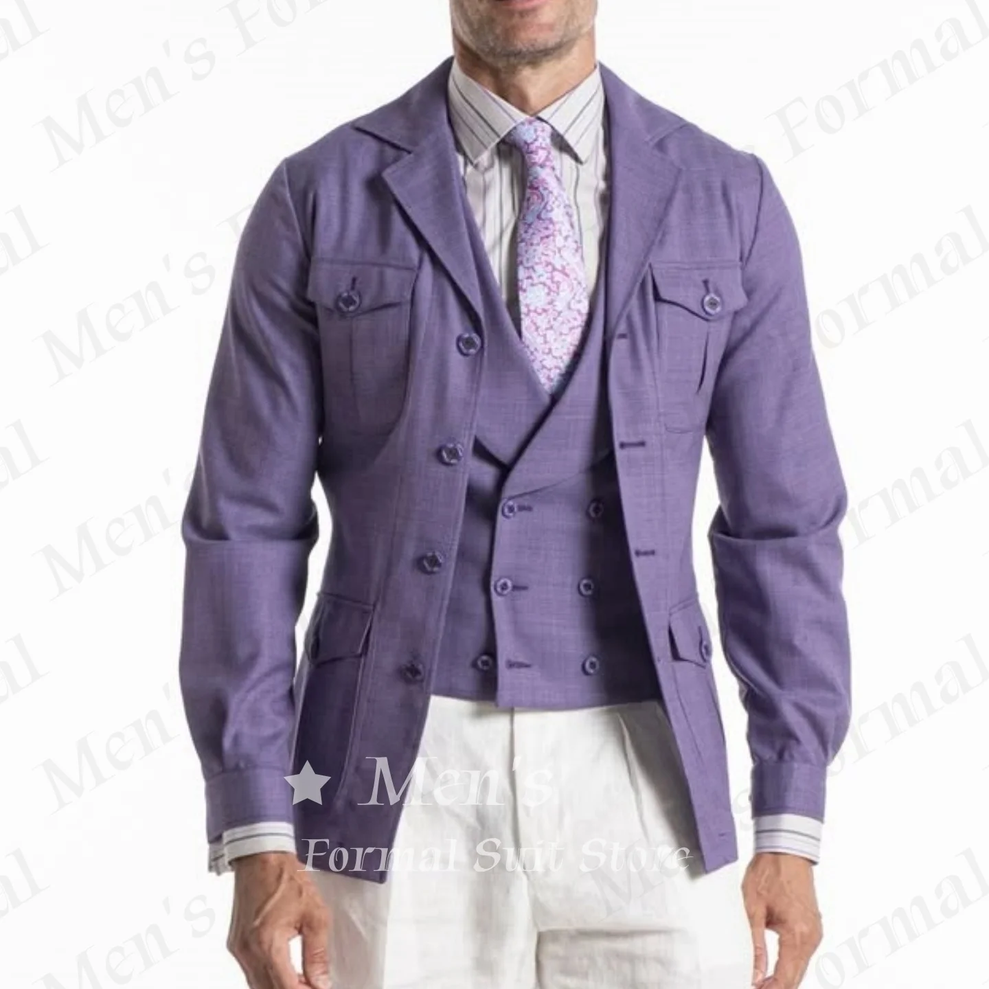 

Men Purple Safari Style 2 Piece Suit Blazer And Double Breasted Vest Set Slim Fit Notch Lapel Multi Vacation Casual Customized