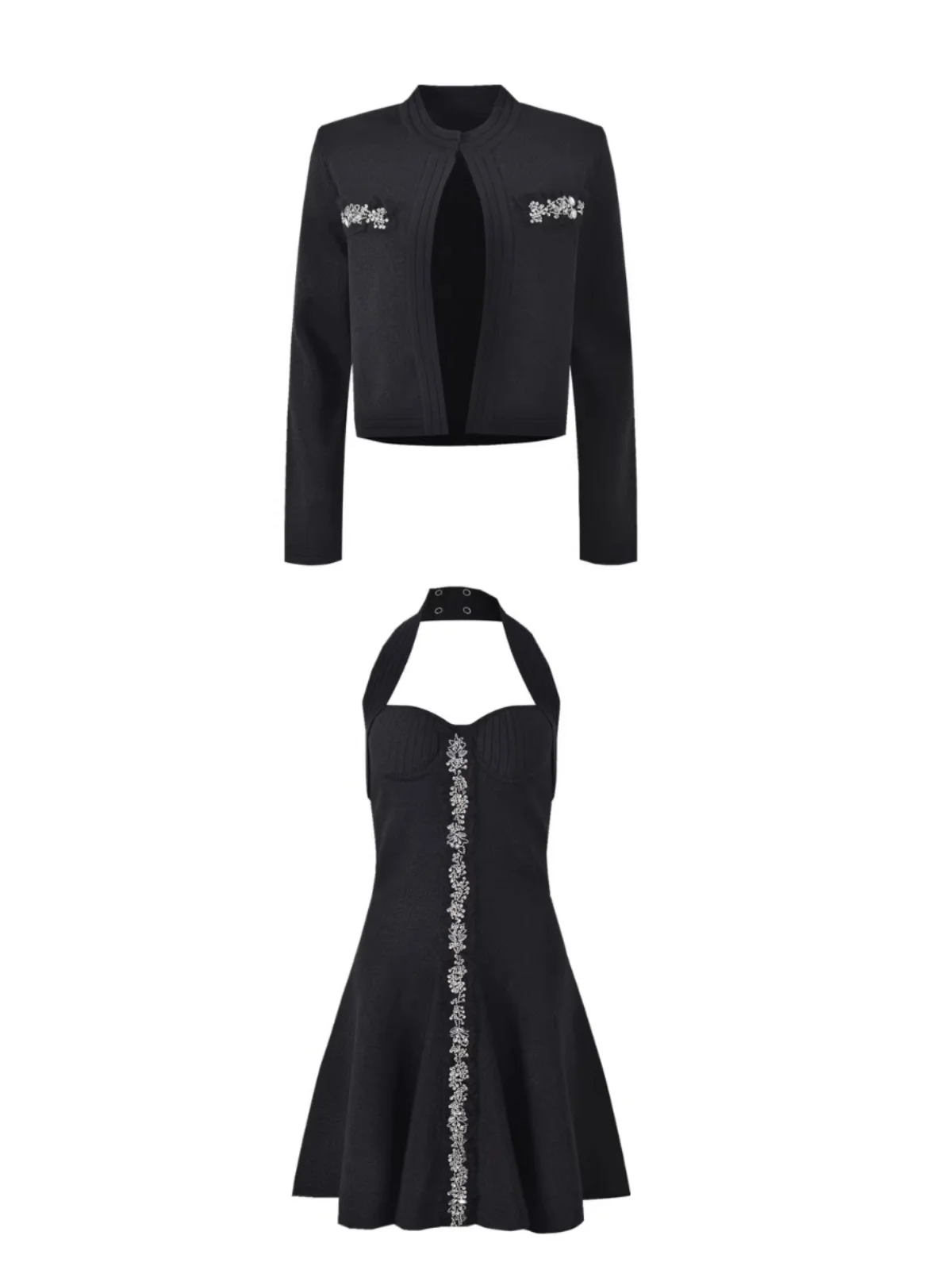 Primavera 2025 nuevo Sle ort tejido Dr y Jaet conjunto pesado bordado redondo Ne Sexy Faionable prendas de vestir exteriores de lana