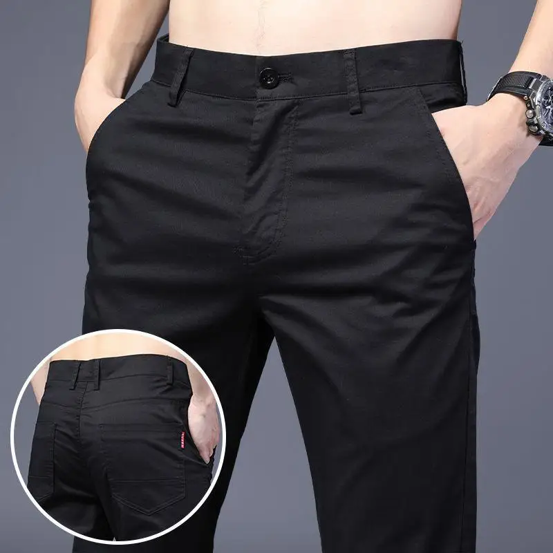 Black Casual Pants Men's Thin Pure Cotton Loose Straight Korean Style Business Elastic Long Trousers Breathable All Seasons