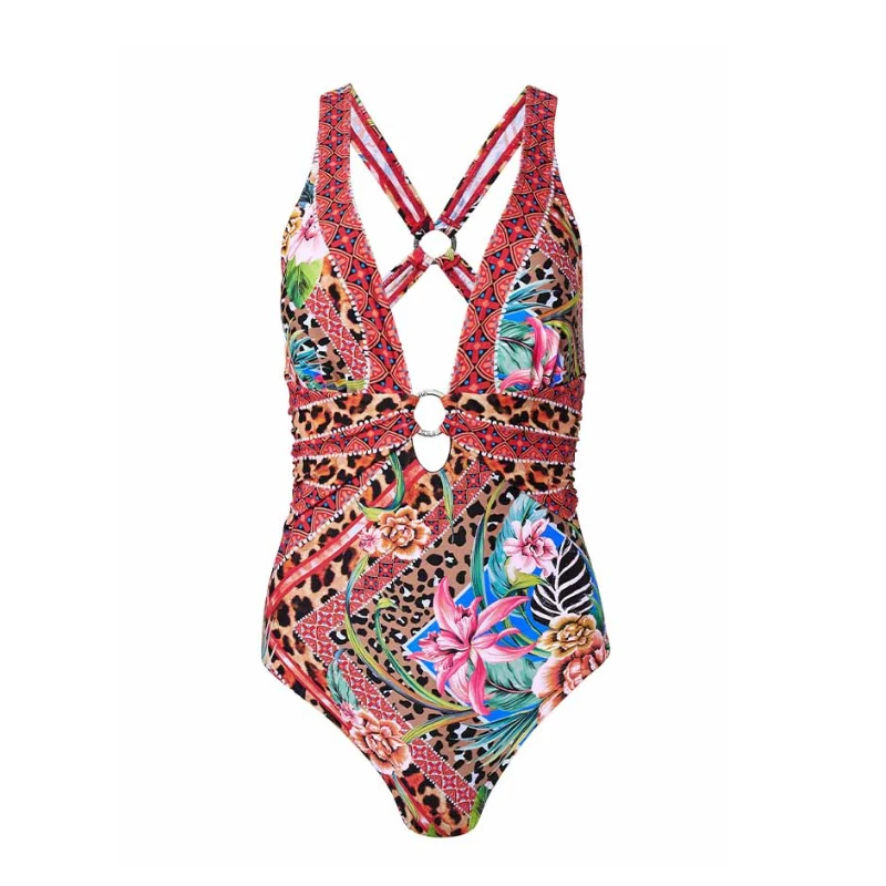 Women One Piece Swimsuit 2023 Push Up Bathing Suit Vintage Retro Swimwear Female Deep-V Cross Backless Ring Design Beachwear