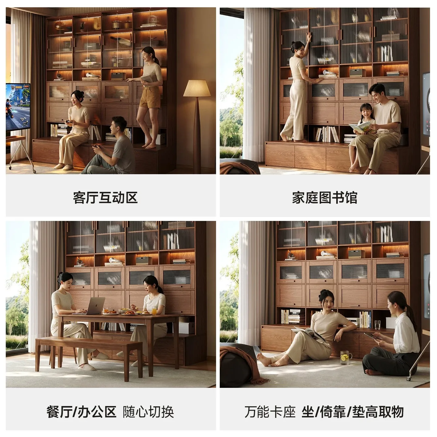 Solid wood card seat bookcase, living room integrated wall bookshelf, oak storage display cabinet, study walnut floor cabinet