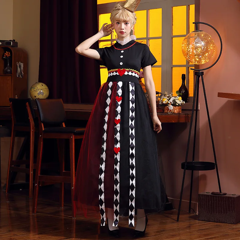 Disfraz de Halloween para Mujer Adulta, Vestido Largo de la Reina de Corazones de Alicia en el País de las Maravillas, Estampado de Corazones Rojos, Traje Elegante para Fiesta
