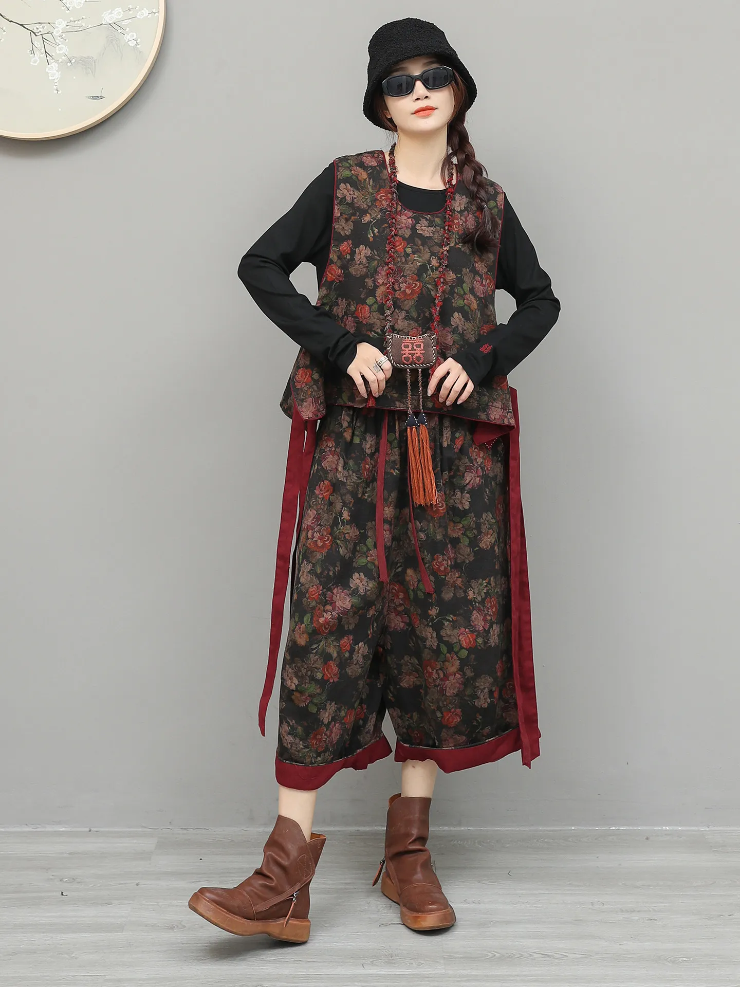 New Retro Art Floral Sleeveless Strap Vest Elastic Waist Straight Leg Pants Two Piece Set Ethnic Style Women's Spring Casual Set