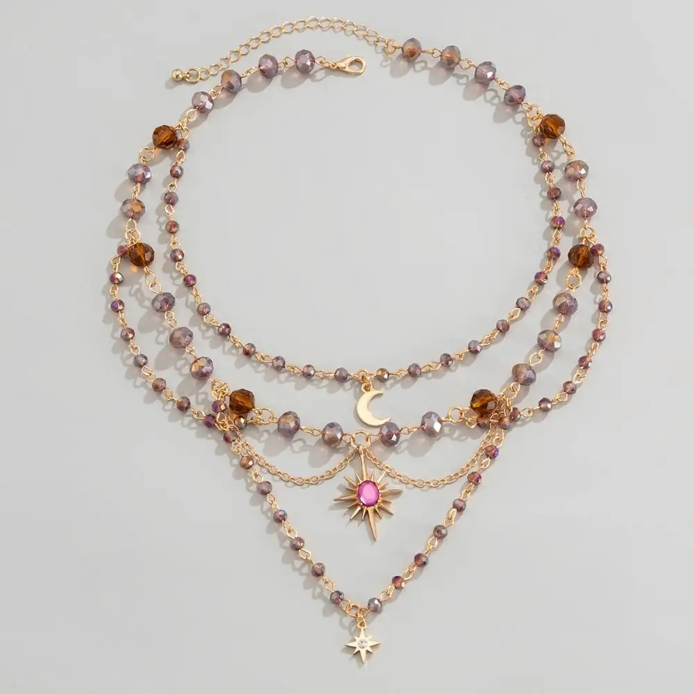 Gargantilla con colgante de borla de Luna multicapa creativa, collar de cuentas de cristal dulce de sol, joyería de mujer con diamantes acrílicos de estrella, uso diario