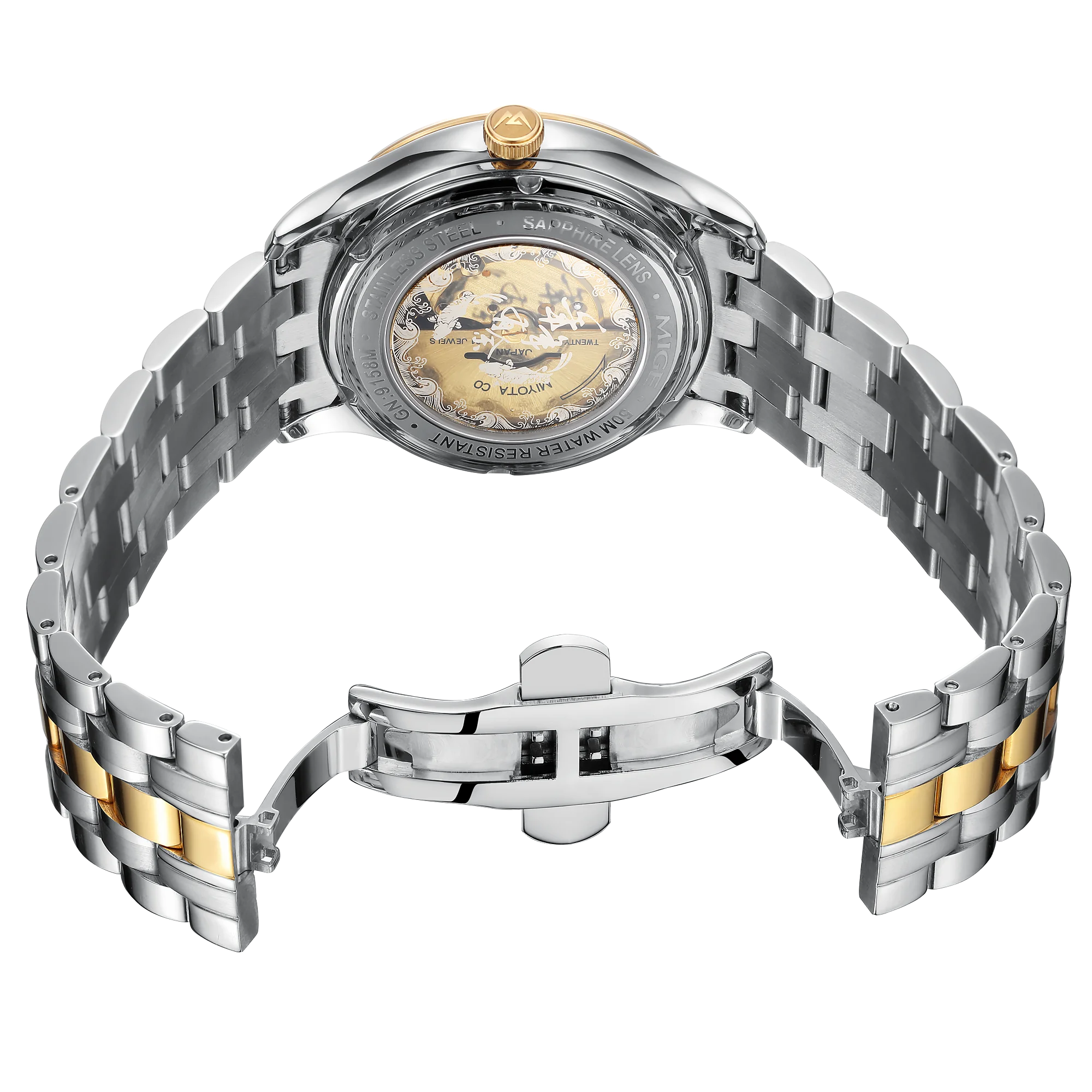 MIGE Original Miyota Automatical Mechanical Watch for Couples Calendar Diamond Sapphire 24K Gold Stainless Steel Wristwatch