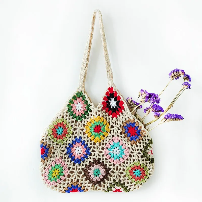 Summer Beach Crochet Handbags Bohemian Hollow Out Floral Woven Handbags Large Capacity Women's Bag Shopping Bags Tote