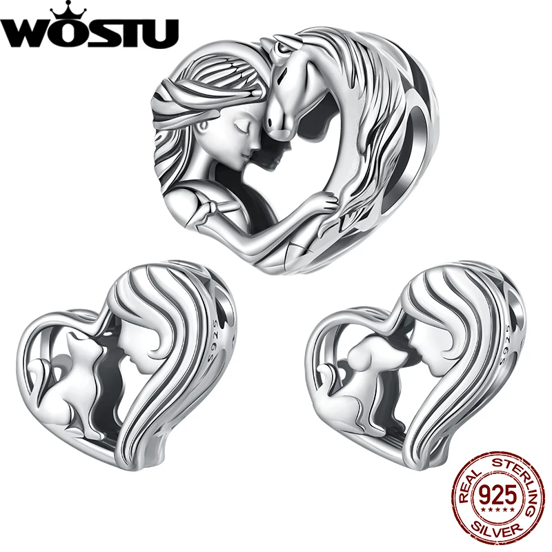 WOSTU-abalorio de plata de ley 925 con forma de caballo para niña, cuentas Retro de corazón oxidado para mascota, compatible con Pulsera Original, regalo bonito para hija DIY