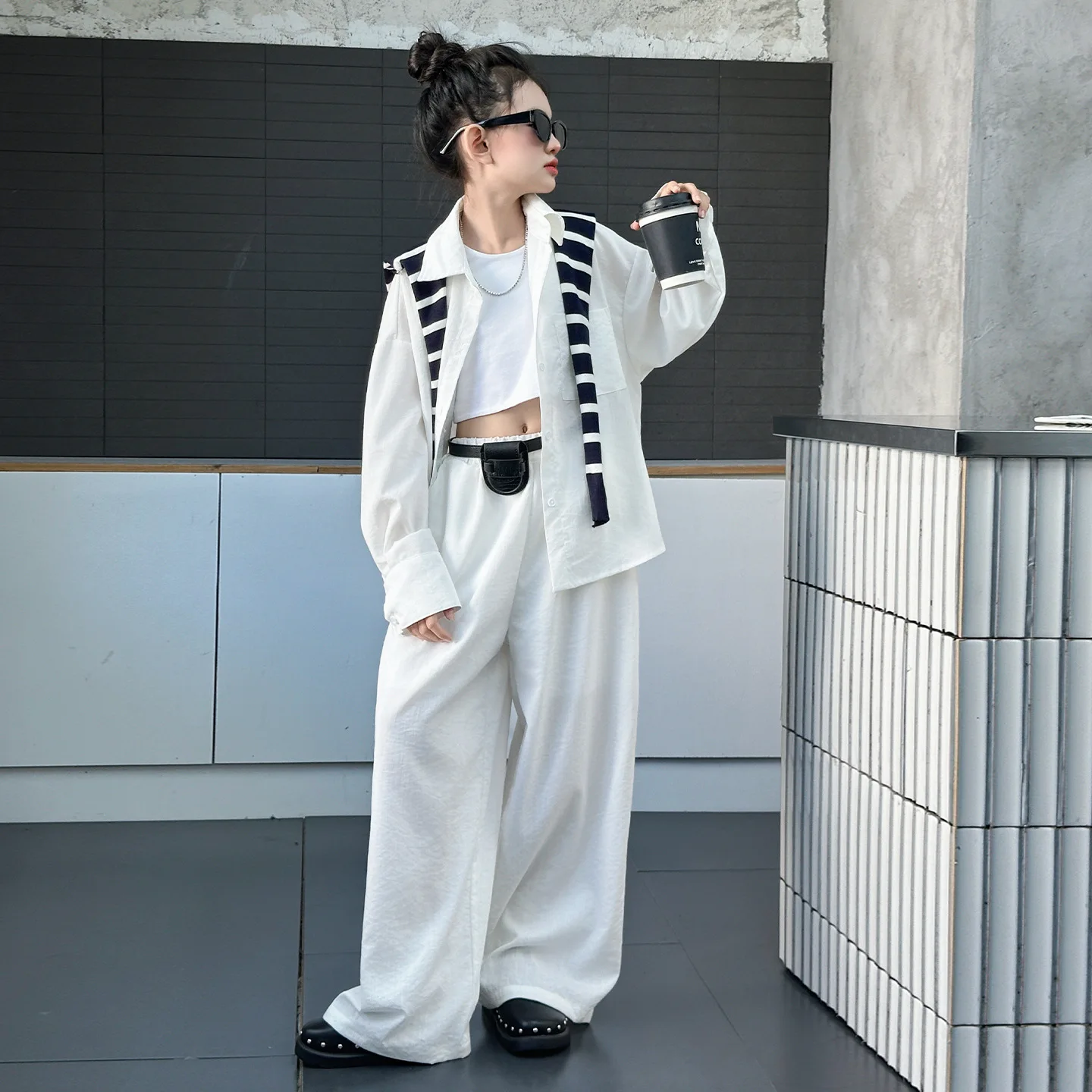 

autumn 4-14 western-style junior kids suit white black shirt+shawl+wide leg pants 3pcs teen girls lazy clothes set child outfits