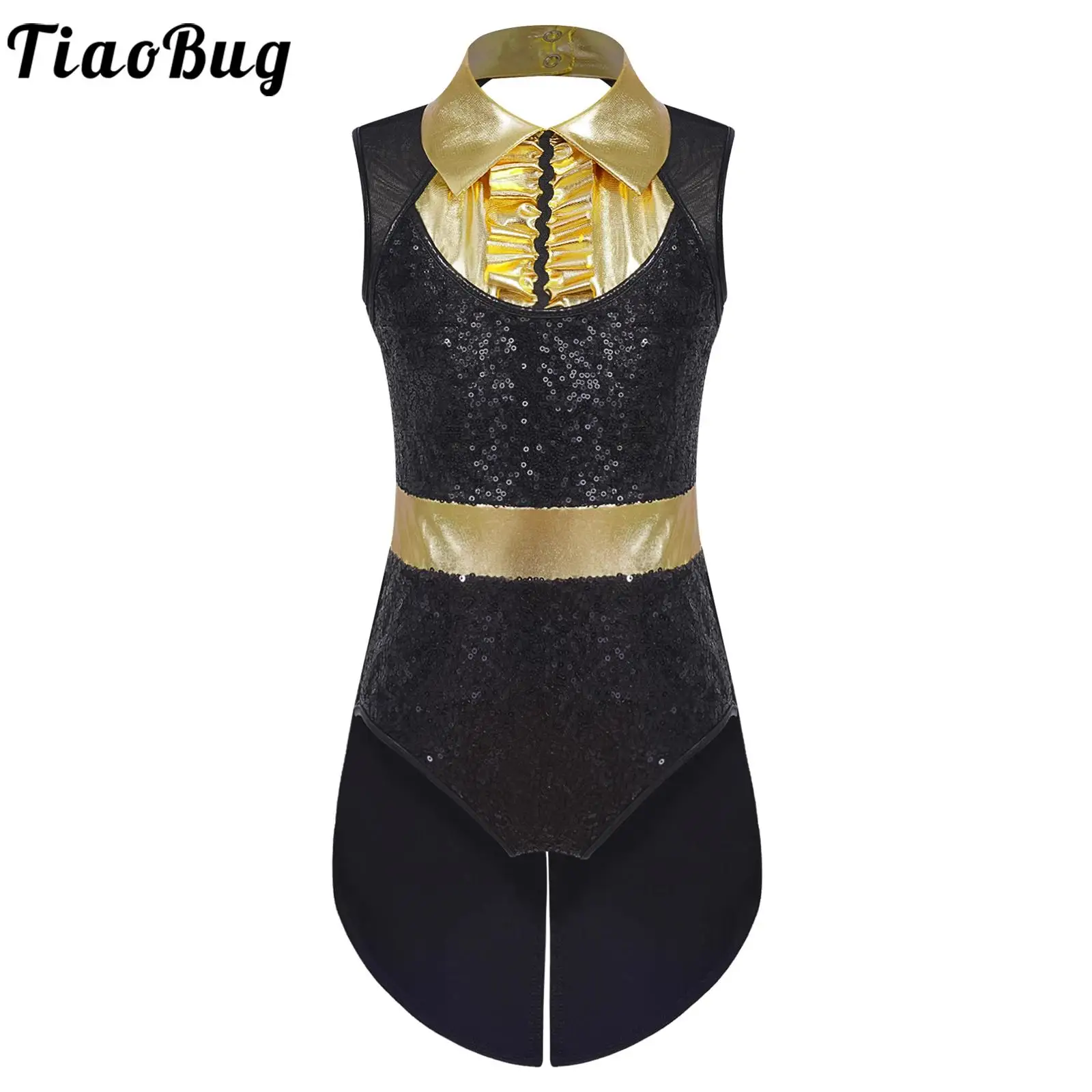 

Kids Girls Circus Ringmaster Halloween Stage Costume Sleeveless Sequins Tuxedo Bodysuit Showman Dresses Leotard Modern Dancewear