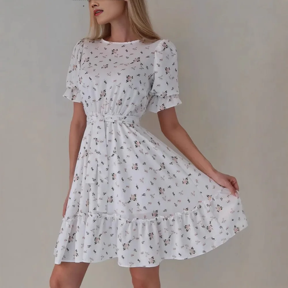 

Women's Floral Midi Dress Belted Round Neck Slim Fit French Style Romantic Sexy Summer Vacation Outfit Elegant Casual Party Wear