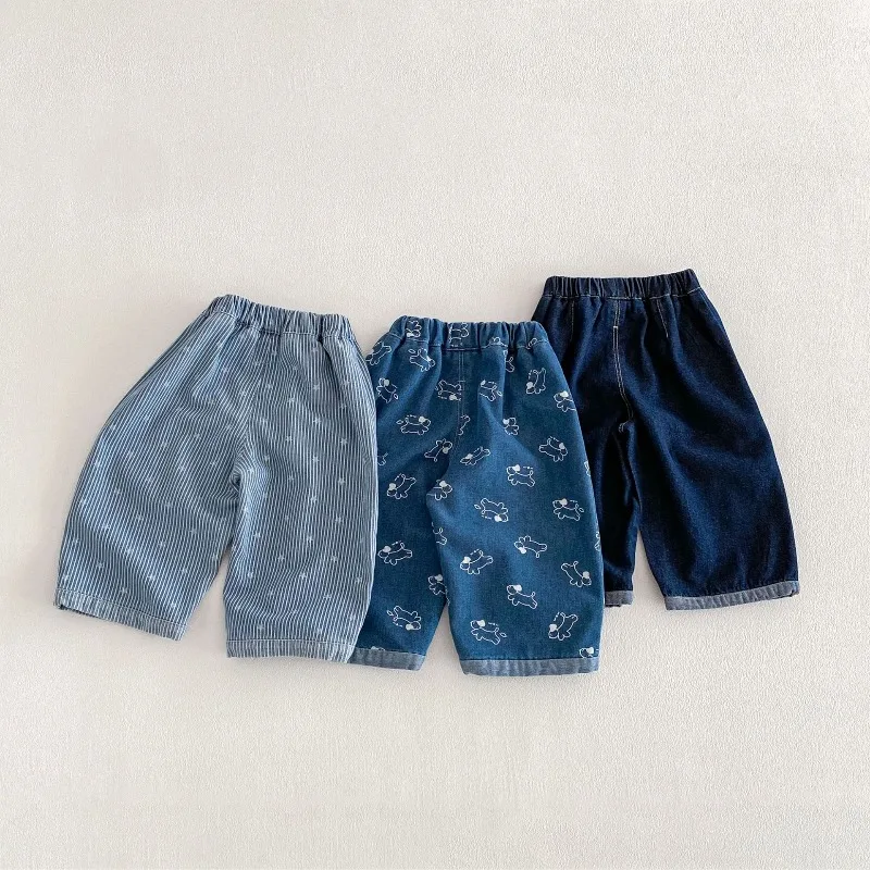 Girls Cartoon Denim Pants 2026 Spring Korean Style Kids Casual Jeans Full of Puppy Print Loose Elastic Waist Boys Trouseres