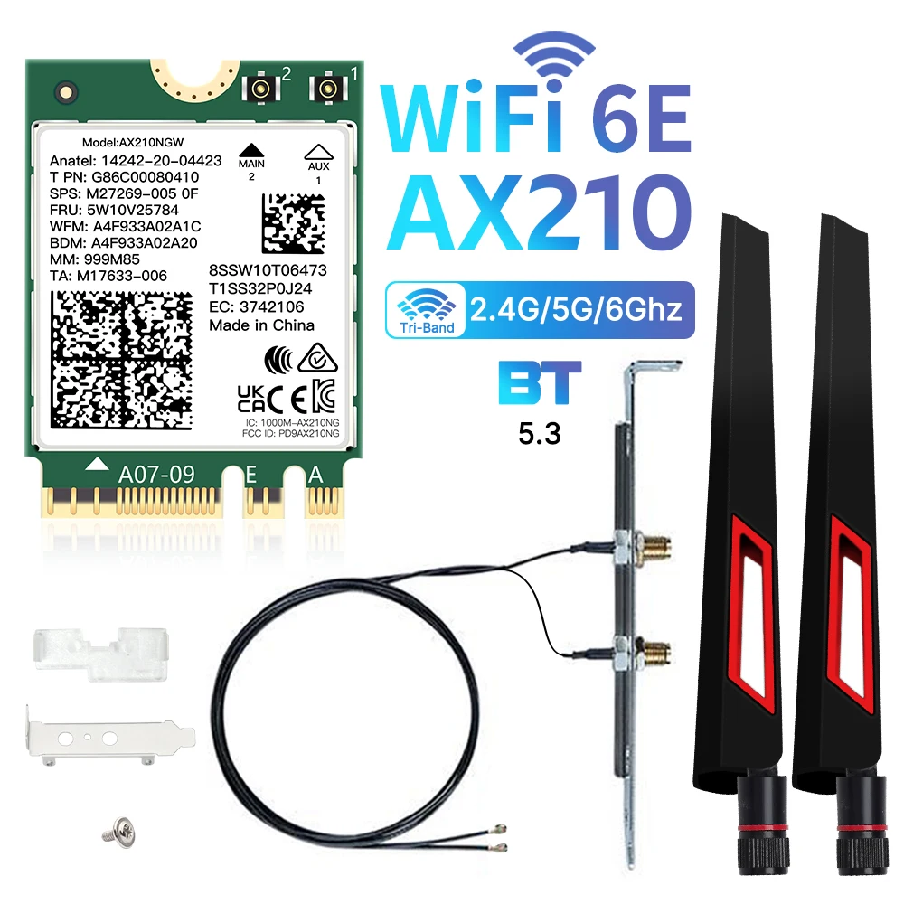 WiFi 6E for Intel AX210 AX210NGW M.2 Wireless Network Card 802.11ax 2.4G/5G/6GHz 10DBi Antenna Desktop Kit For PC Win 10/11