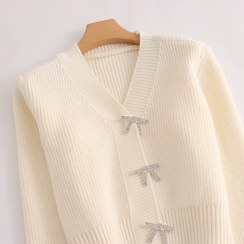 Fashion V-neck Single Breasted Cardigan Women Bowknot Decoration Long-sleeve Short Sweater Female All-match Autumn Knit Coat