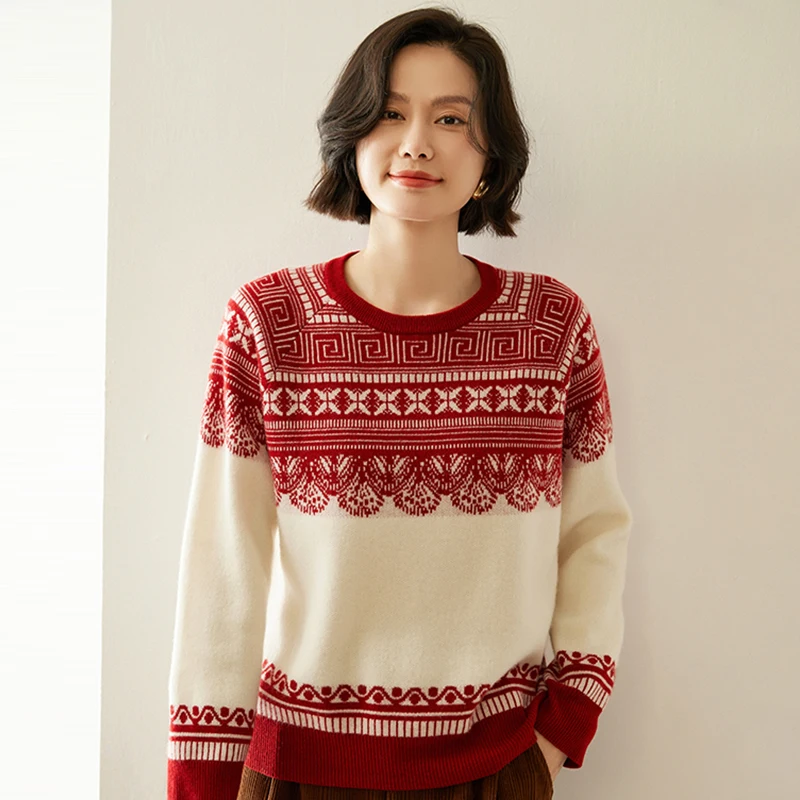 

Новинка 2023 года, женский жаккардовый пуловер из 100% кашемира с круглым вырезом, модный модный свитер, осень-зима, удобный теплый мягкий трикотаж, топ