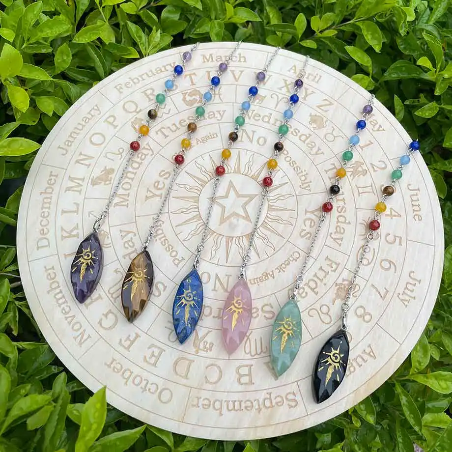 Real Irregular Crystal Pendulum for Divination Wicca Reiki Sun Symbol Pendant Clear Quartz Black Obsidian Spiritual Pendulo X246