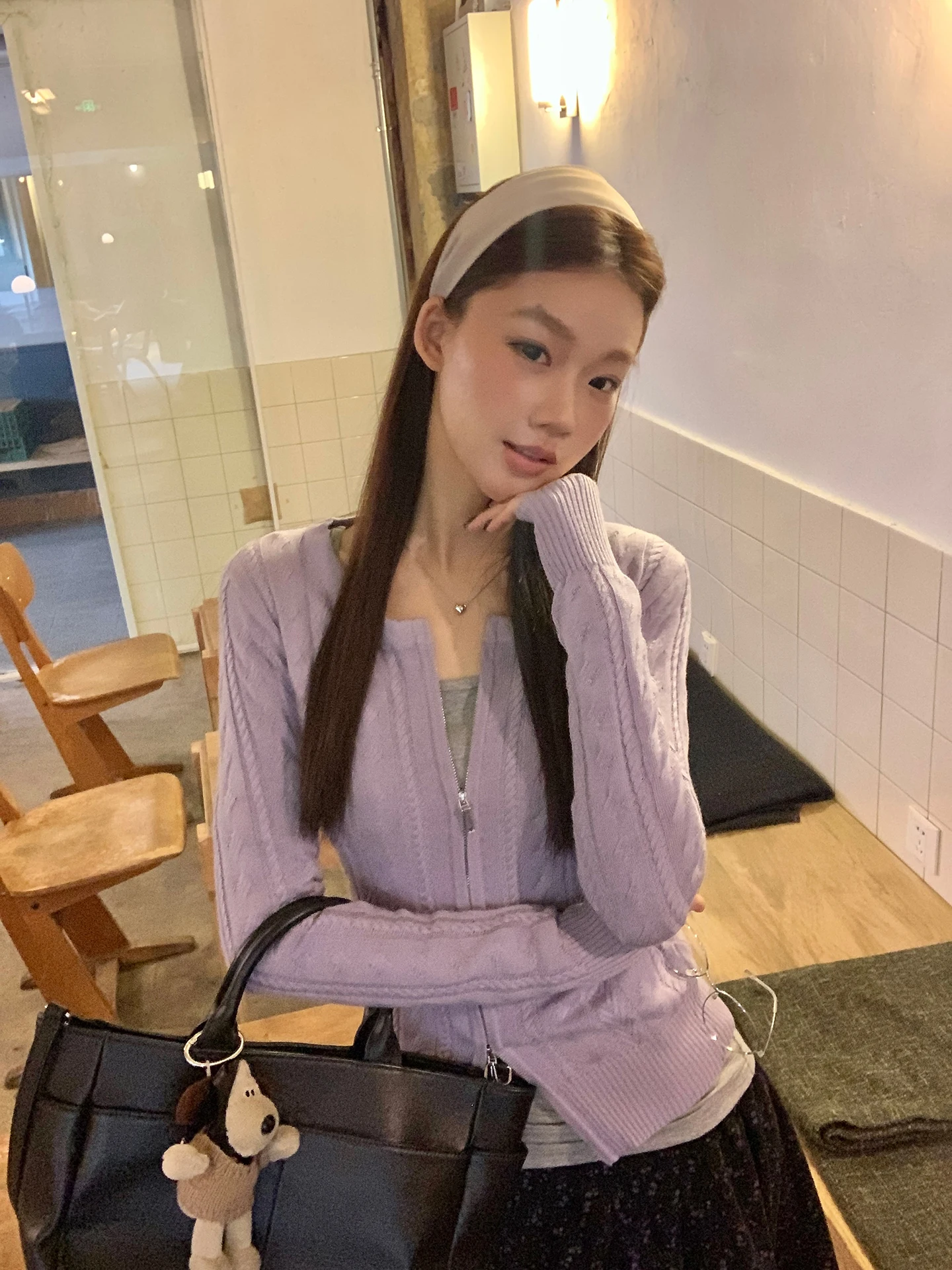 

G Sle Knitted Open Cardigan Women's Long Sve Slim Fit Purple Waist-Cut Sweater Jaet Sli Commute Faion