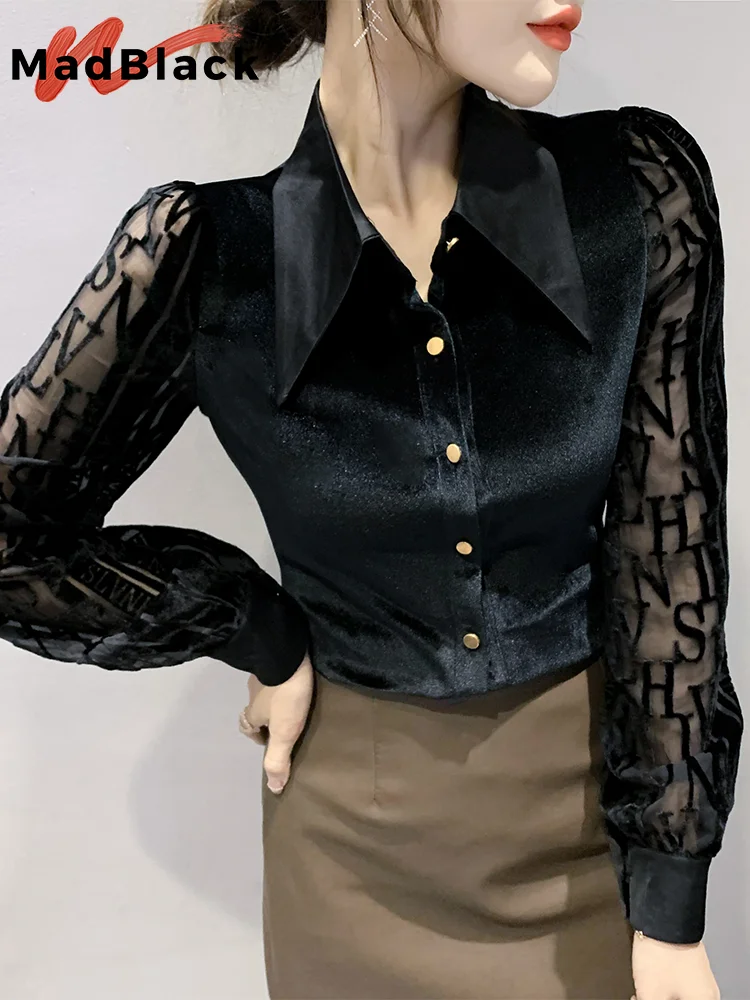 Madblack Zomer Europese Kleding Shirts Dames Sexy Turn Down Kraag Knoop Slanke Velours Tops Lange Mouw Elastische Blouse T38430jm