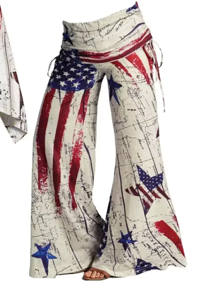 Women's Plus Size Tank and Flare Pant Two Piece Set Flag Print Vintage Asymmetric Hem High Waist Casual Woman's Matching Sets