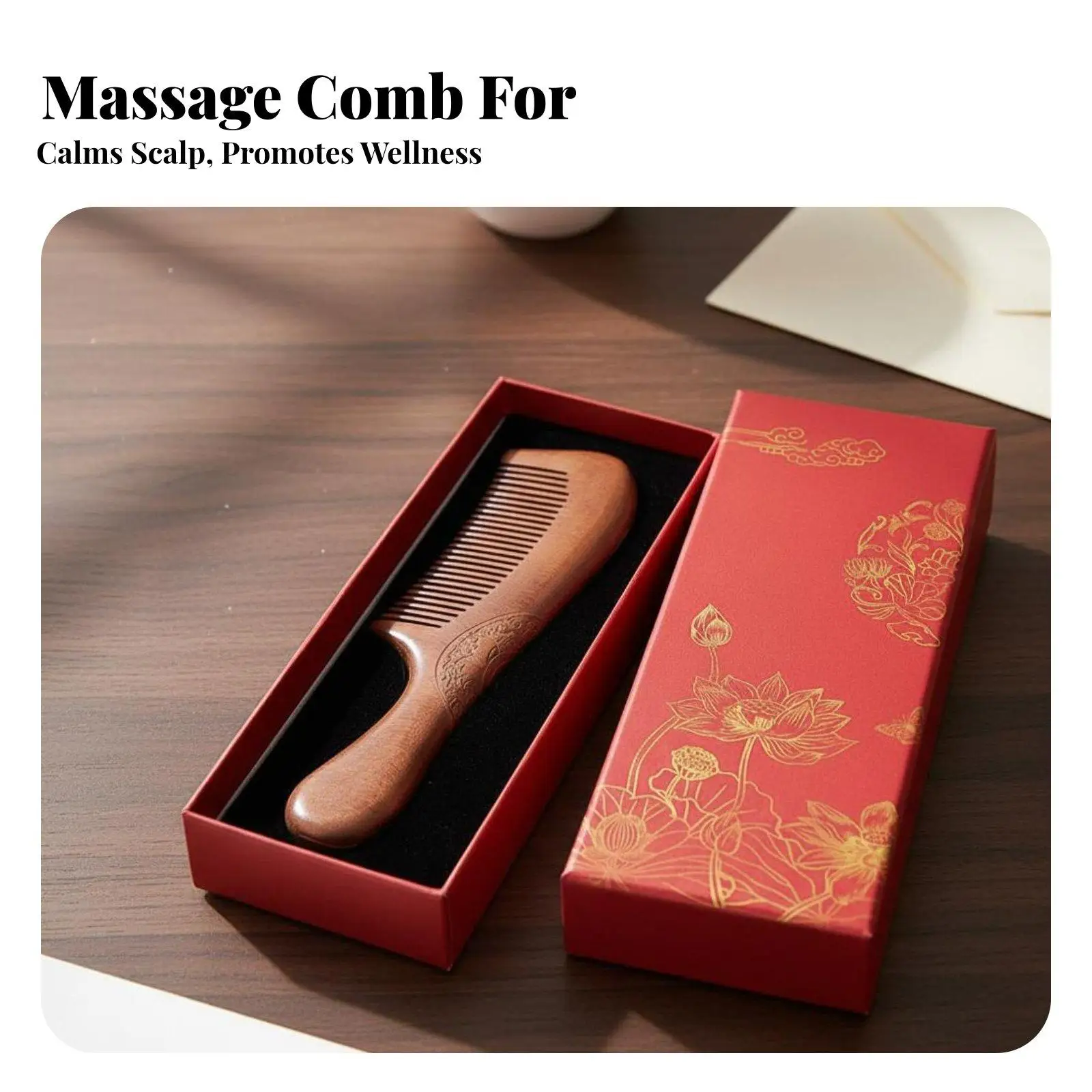 Chinese Design Wooden Grooming Set Handmade Carved Wood Comb and Mirror Massage Function Sweet-Smelling Lumber Personal Care Set