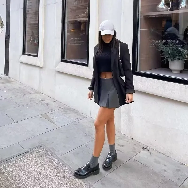 Vintage Dark Grey Mini Skirts Women Ruffles Pleated Sexy Shorts Skirts Female Fashion 2025 Streetwear Mujer Faldas