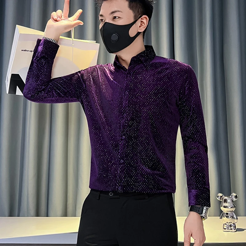 

High-end Shiny Silver Wire Men Velvet Shirts Autumn Winter Luxury Korean Slim Men's Shirt Nightclub Prom Wear Elegant Tops Man