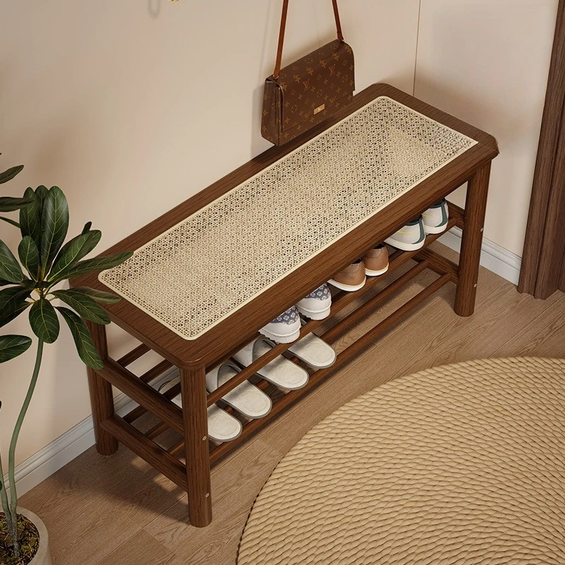 Light luxury bamboo and wood shoe changing stool, high-end rattan decorated shoe cabinet, shoe wearing stool, bench, rest stool